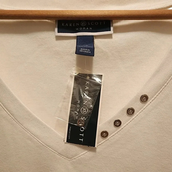 Karen Scott Shirt Womens Size 2X White Knit 100% Cotton Button V Neck Pullover - Picture 4 of 7